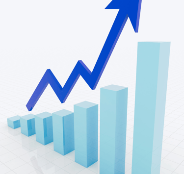 a blue arrow pointing up to a graphing bar chart