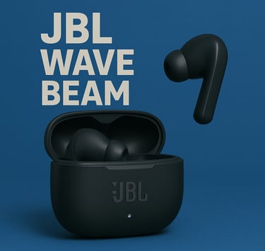 um par de fones de ouvido com as palavras jbli wave beam no meio