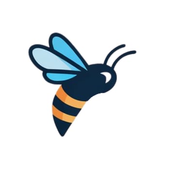 A stylized illustration of a bee with a black body, orange stripes, and blue wings. The bee has two