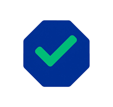 Green check mark icon inside a blue octagonal badge symbol on a black background.