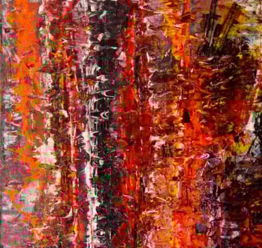 Vibrant colorful abstract paining with dominating orange, red colors.