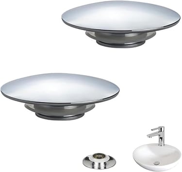 Two chrome pop-up sink drain stoppers and a white ceramic vessel sink with modern faucet.
