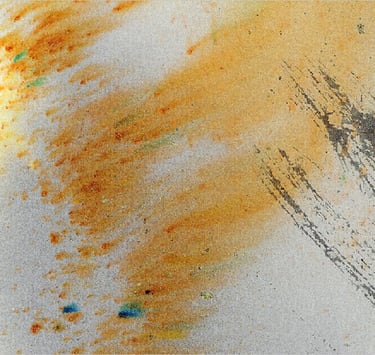 Yuge Kurt, fragment of watercolor painting in art gallery. Canvas with gold. Earthy muted tones.