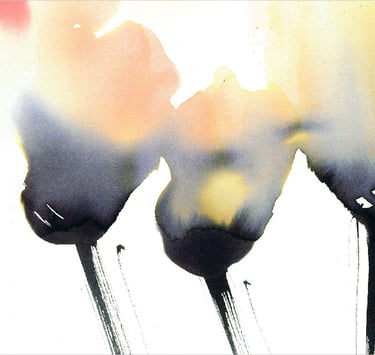 Yuge Kurt, fragment of watercolor painting in art gallery. Abstract flowers. Calligraphy