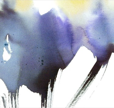 Yuge Kurt, fragment of watercolor painting in art gallery. Calligraphy. Jewel tones with neutrals
