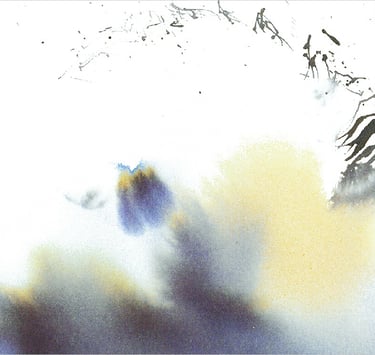 Yuge Kurt, fragment of watercolor painting in art gallery. Calligraphy. Jewel tones with neutrals