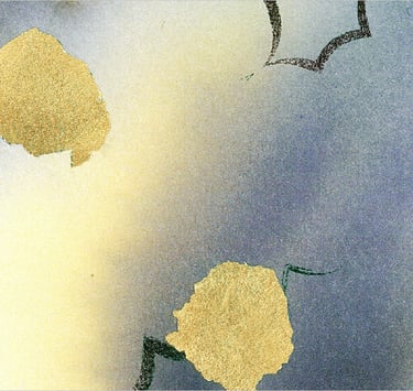 Yuge Kurt, fragment of watercolor painting in art gallery. Canvas with gold. Calligraphy