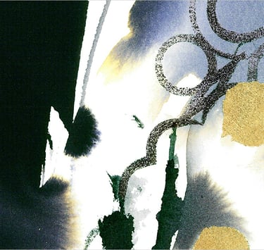 Yuge Kurt, fragment of watercolor painting in art gallery. Canvas with gold. Calligraphy