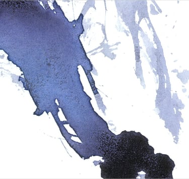 Yuge Kurt, fragment of watercolor painting in art gallery. Abstract flowers. Calligraphy