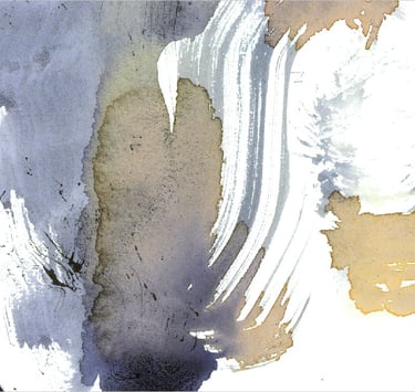 Yuge Kurt, fragment of watercolor painting in art gallery. Abstract flowers. Calligraphy