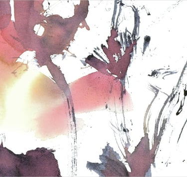 Yuge Kurt, fragment of watercolor painting in art gallery. Calligraphy. Jewel tones with neutrals