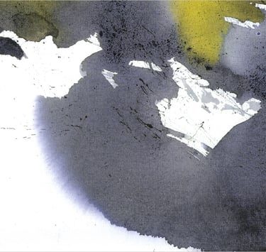 Yuge Kurt, fragment of watercolor painting in art gallery. Abstract flowers. Calligraphy