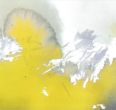 Yuge Kurt, fragment of watercolor painting in art gallery. Abstract flowers. Calligraphy