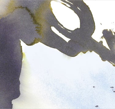 Yuge Kurt, fragment of watercolor painting in art gallery. Abstract flowers. Calligraphy