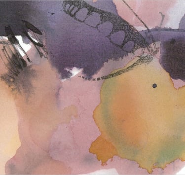 Yuge Kurt, fragment of watercolor painting in art gallery. Conceptual canvas. Earthy muted tones.