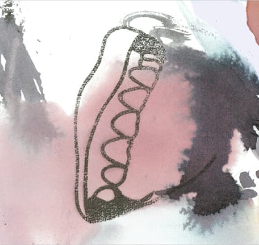 Yuge Kurt, fragment of watercolor painting in art gallery. Conceptual canvas. Earthy muted tones.