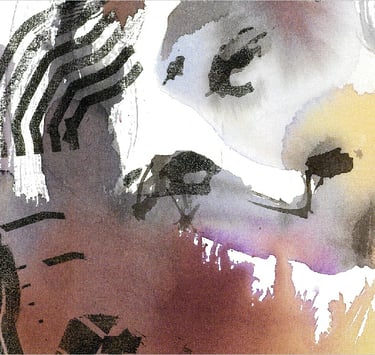 Yuge Kurt, fragment of watercolor painting in art gallery. Canvas for interior. Colorful design