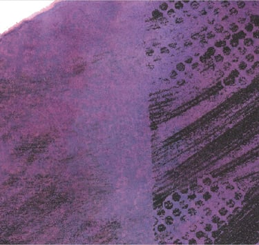 Yuge Kurt, fragment of watercolor painting in art gallery. Figurative composition. Yellow, purple