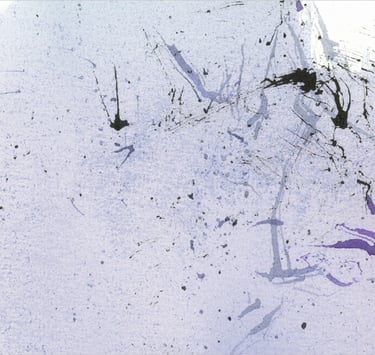 Yuge Kurt, fragment of watercolor painting in art gallery. Cherry on the cake. Light airy blue tones