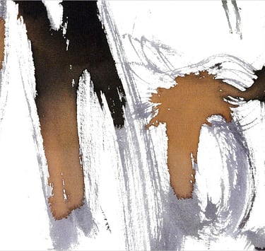 Yuge Kurt, fragment of watercolor painting in art gallery. Calligraphy. Jewel tones with neutrals