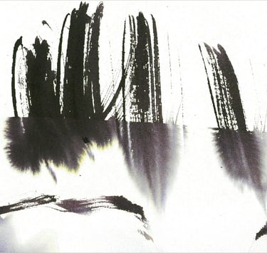 Yuge Kurt, fragment of watercolor painting in art gallery. Calligraphy. Jewel tones with neutrals