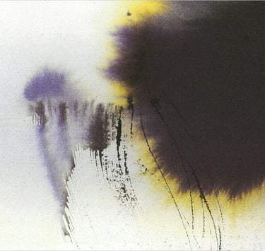 Yuge Kurt, fragment of watercolor painting in art gallery. Calligraphy. Jewel tones with neutrals