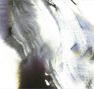 Yuge Kurt, fragment of watercolor painting in art gallery. Portrait. Light airy blue tones