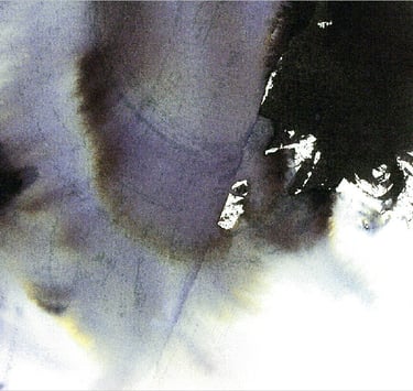 Yuge Kurt, fragment of watercolor painting in art gallery. Calligraphy. Jewel tones with neutrals