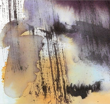 Yuge Kurt, fragment of watercolor painting in art gallery. Fashion. Earthy muted tones.