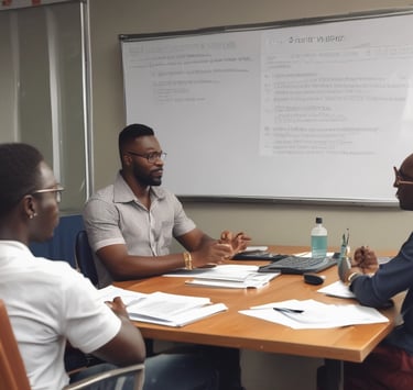 A friendly consultant discussing marketing plans with a small business owner in a cozy office.