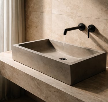 Cuba de concreto minimalista sobre bancada em pedra travertino com torneira preta