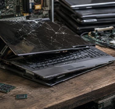 A broken laptop with a cracked screen sitting on a wooden workbench for computer repair.