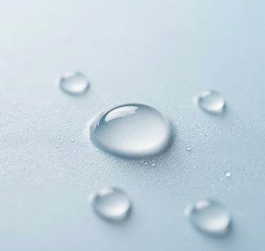 Macro photography of pure, sparkling water droplets on a smooth surface, bright clean lighting, emphasizing purity and cleanliness, pale blue and white tones.