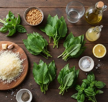 Fresh pesto ingredients including basil leaves, pine nuts, parmesan cheese, and olive oil on a wooden table.