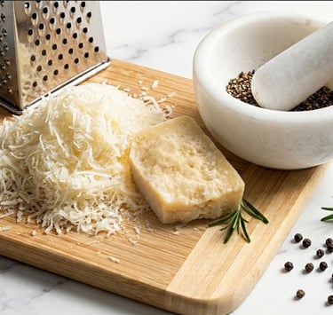 Freshly grated parmesan cheese on a wooden board with a mortar, pestle, and black peppercorns.
