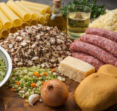Fresh ingredients for stuffed cannelloni with Italian sausage, mushrooms, cheese, and pasta tubes on a wooden board.