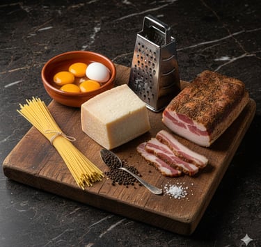 Fresh ingredients for authentic spaghetti carbonara with guanciale, pecorino cheese, eggs, and pasta.