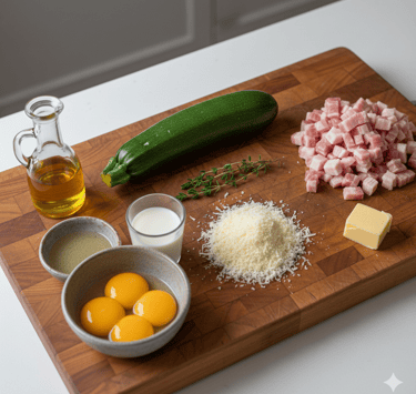 Fresh ingredients for keto zucchini carbonara with egg yolks, pancetta, parmesan, and olive oil on a wooden board.