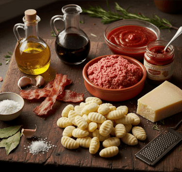 Fresh potato gnocchi ingredients with ground beef, tomato sauce, parmesan cheese, and olive oil.