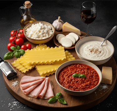 Ingredients for homemade lasagna including pasta sheets, bolognese sauce, ricotta, and mozzarella on a wooden board.