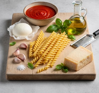 Fusilli pasta ingredients including tomato sauce, mozzarella, parmesan cheese, olive oil, and garlic on a wooden board.