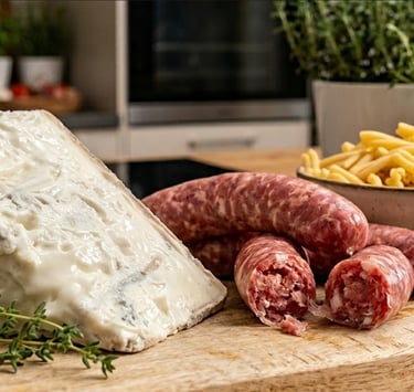 Gorgonzola cheese wedge, raw Italian salsiccia sausages, and pasta on a wooden board.