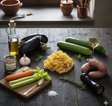 Fresh pasta ingredients with penne, eggplant, zucchini, sausage, and olive oil on a wooden table.