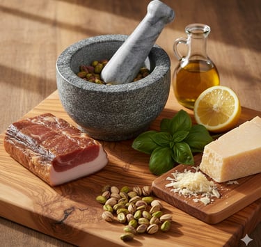 Pistachio pesto ingredients with mortar, pestle, parmesan cheese, and pancetta on wood.