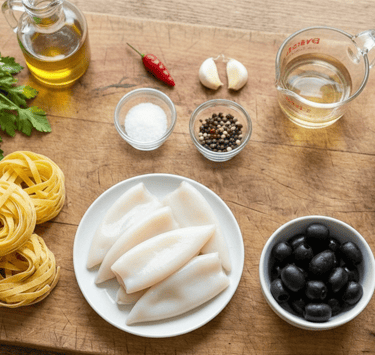 Fresh ingredients for seafood pasta including raw squid, tagliatelle nests, tomatoes, and herbs on a wooden board.