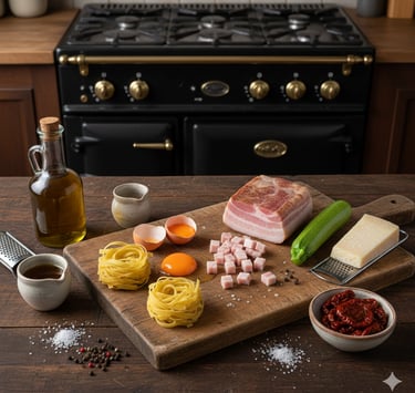 Fresh pasta carbonara ingredients including pancetta, egg yolks, and tagliatelle on a wooden board.