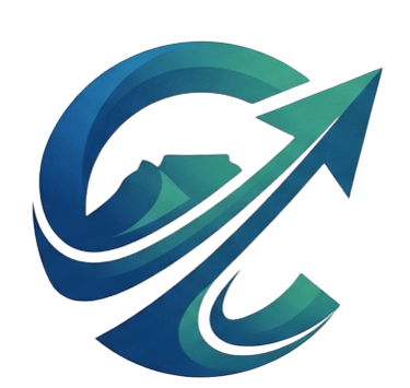 Modern blue and teal circular mountain logo featuring a stylized upward arrow and peak.