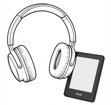 Line art illustration of over-ear headphones and an e-reader tablet for listening to audiobooks.