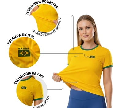 Camisa Brasil Feminina 2026 Torcedor Dry Fit Amarela Futebol 