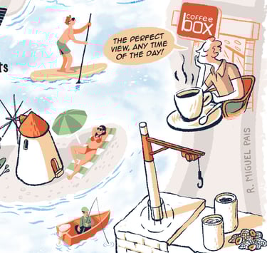 Illustration of coastal activities featuring paddle boarding, sunbathing, and drinking coffee by the sea.